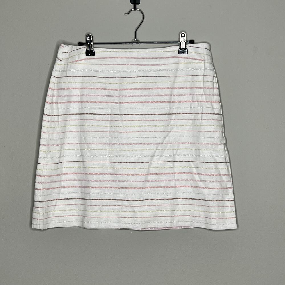 LOFT White / Multicolor Metallic Striped Linen Blend Back Zip Lined Mini Skirt 8